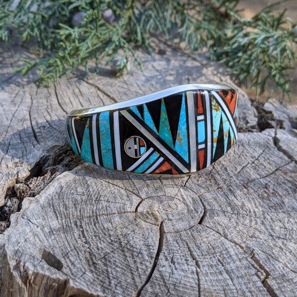 Navajo Handmade Bracelet Sterling Silver Turquoise Inlay - Picture 2 of 3